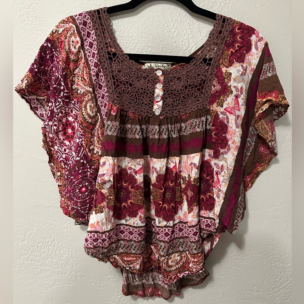 Unity World Wear Crochet Chest Flowy Tunic Flutter Sleeve Boho Shirt Top
